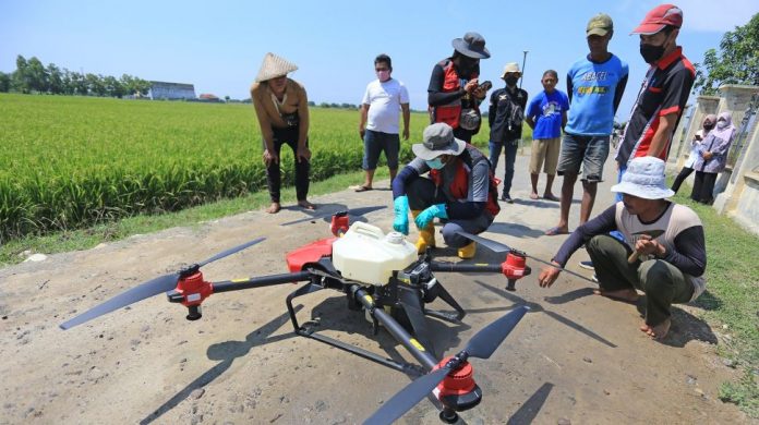 Indramayu selama ini menjadi salah satu daerah lumbung padi di Indonesia. Uji coba penggunaan drone di areal persawahan itu dilakukan oleh pihak pemerintah Kecamatan Krangkeng bersama Balai Penyuluhan Pertanian (BPP)